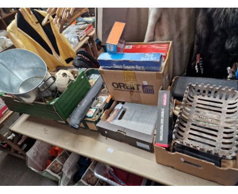 Six boxes of assorted items, glass, pottery, metal ware, games, snooker cue, vanity case, fire grate, set of binoculars, etc.