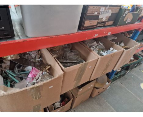 Six boxes of misc pottery, glass, ornaments, cutlery and a leather briefcase