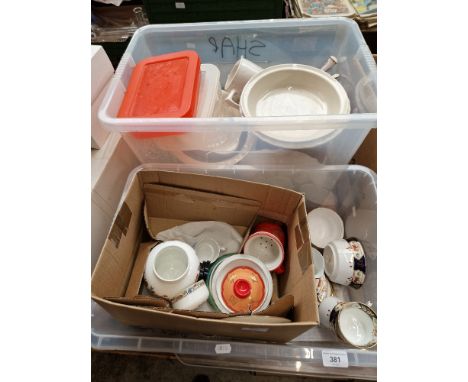 3 boxes of ceramics and glass to include Colclough and Osborne china tea wares, lidded Coalport ginger jar, mixed kitchen cer