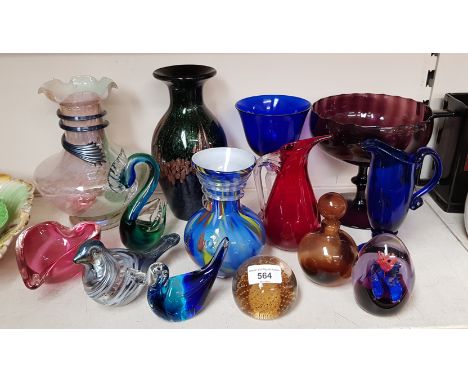 Art glass - 14 items including a Whitefriars ruby jug, birds, paperweights etc.
