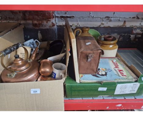 A mixed lot including stoneware bottles, copper kettle, copper toddy ladles &amp; pans, Braithwaites fairy jug, Burleigh Ware