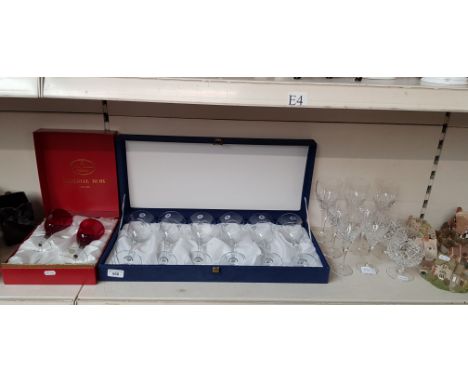Boxed set of 6 wine glasses by La Reine Crystal, boxed pair of Imperial Ruby wine glasses by John Jenkins and 9 glasses by Ed