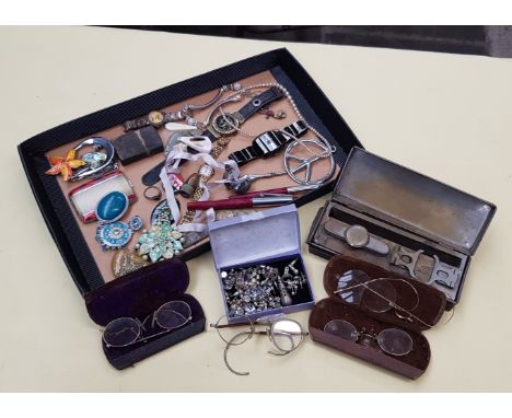 A tray of mixed items including costume jewellery, vintage spectacles, vintage portable mini stove/heater etc