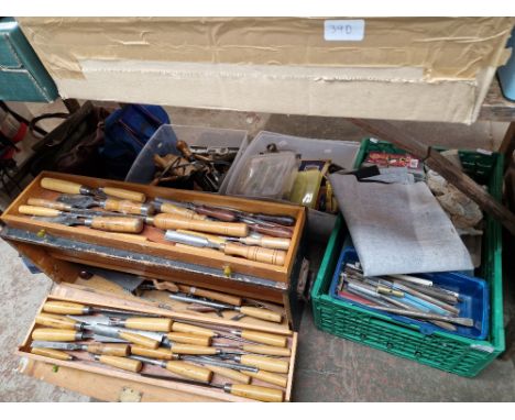 A joiners toolbox with contents, 3 boxes of hand tools etc, and a pillar drill