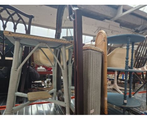 A mixed lot comprising Lloyd Loom table &amp; linen basket, painted 3 tier table and two mirrors.