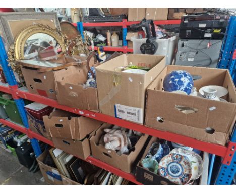 Nine boxes of pottery and glass, table lamps, gilt framed mirror, tapestry fire screen, table lamps etc.