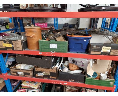 Nine boxes of miscellaneous pottery, glass ware, kitchen items , fishing tackle, model rail way items, coffee maker, etc.