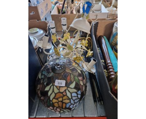 1 ceiling light fitting together with a Tiffany style light shade, 2 table light bases and a novelty lamp in the form of a ca