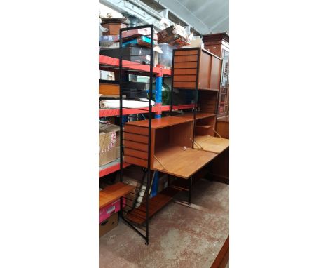 A mid 20th century Staples Ladderax unit comprising three tall and one short metal ladder, drop front cabinet, shelves, drop 