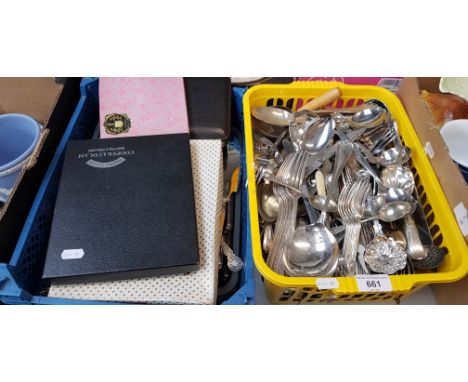 Two boxes of silver plated cutlery including Mappin &amp; Webb ladle etc. 