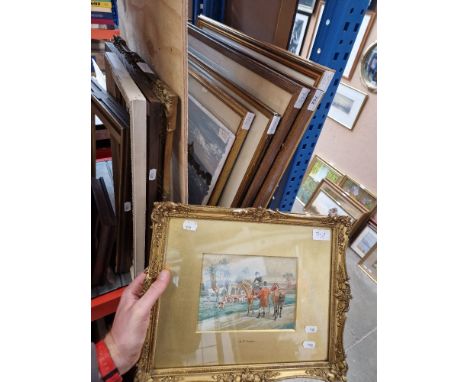Seven original works including A W Cooper hunting scene, landscape signed 'H Benson', pair of charcoal sketches signed 'R Dow