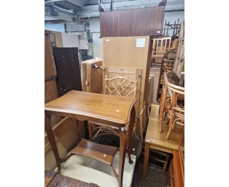 Various items of furniture; oak occasional table, painted butler's tray and stand, wicker table, cane chair, mahogany writing