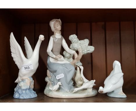 Nao - a large, unusual vintage figurine of a girl feeding ducks and hens approx 26.5cm high and 18cm across together with a s