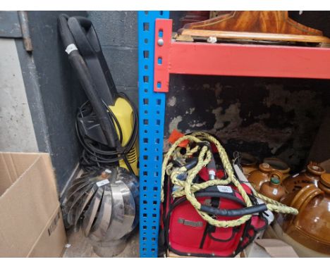 Pressure washer, 2 tonne trolley jack, tool basket and contents, compressor, and a chimney vent.
