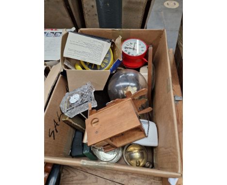 A box of clocks to include alarm clocks, cuckoo clock, Waterford crystal clock etc