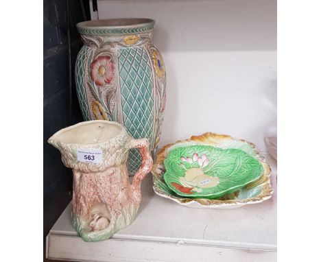 A mixed lot of ceramics including H J Wood majolica vase, Sylvac jug, Royal Winton majolica dish and a H K Browne 'Phiz' dish