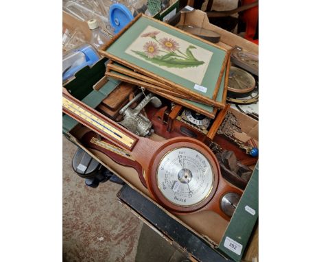 Box containing wall clock, 2 barometers, wood planes, meat grinder, prints etc