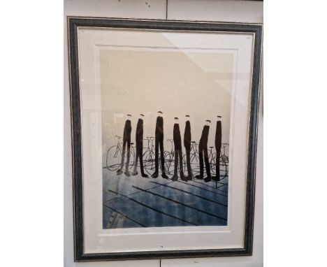 Mackenzie Thorpe (b.1956), 'Men with Bikes', signed silkscreen print, LXV/XVC (65/95), image size 86cm x 117cm, framed and gl