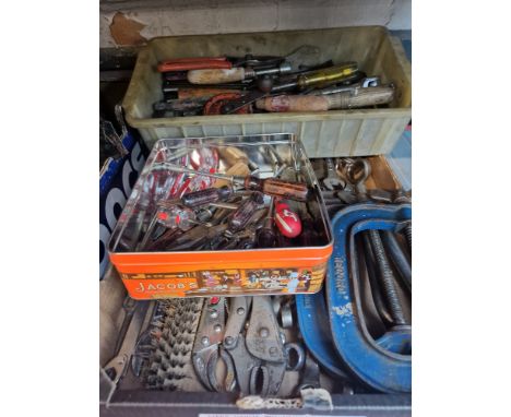 Two boxes of assorted tools, spanners, G clamps etc.