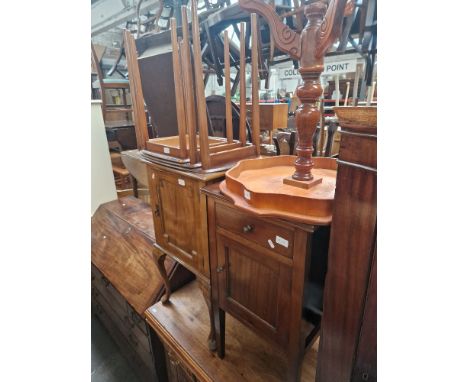 Assorted furniture comprising a corner cabinet, two bedside cabinets, a retro nest of tables and a tripod table.