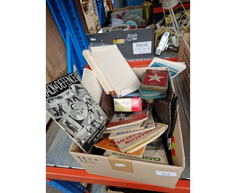 A box of mixed items to include wartime booklets, Ian Allen spotting books, small cigarette tin from White Star Line (in cabi