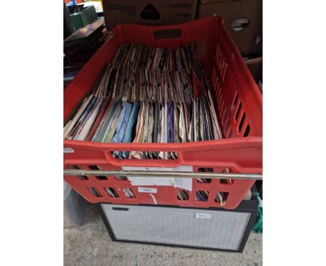 A box of vinyl 7" singles, various artists and genres together with a Hacker portable record player with Garrard deck.