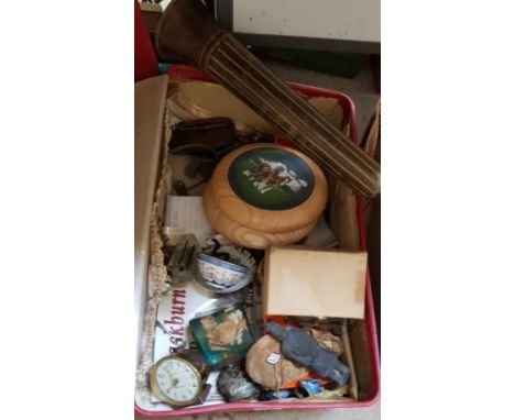 A suitcase of  mixed items to include replica terracotta warriors, hip flask, metal wares, crab in resin, moccasins, alarm cl