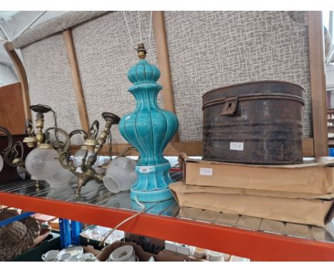 A mixed lot comprising pair of brass light fittings, blue glazed ceramic table lamp, two Ikea adjustable work lights and a me