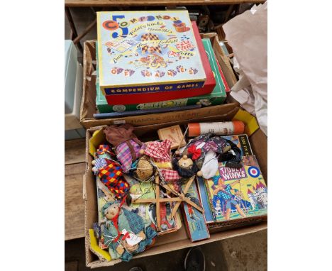 2 Boxes of vintage games comics and puppets 