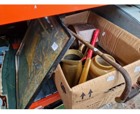 A box of assorted items including a print, a walking stick, a clock, metal ware and stone ware etc.