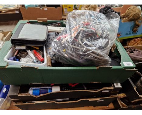 Three boxes of mixed electrical items including laptops (as found), large assortment of leads etc, hand tools, remotes, back 