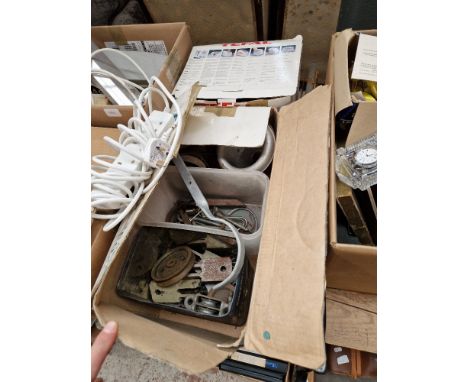 3 boxes of garage tools including t square, gang plugs, pulleys, small aluminium ladder, pasting board, drain rods, garden be