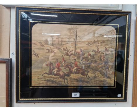 A 19th century hunting scene coloured engraving with riders on horseback, 41cm x 30cm, framed and glazed, 56cm x 46cm.