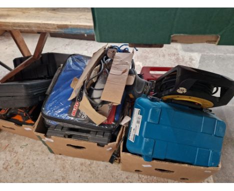 3 boxes of tools etc to include a battery charger, extension lead, palm sander, car seat covers, evolution circular saw, angl