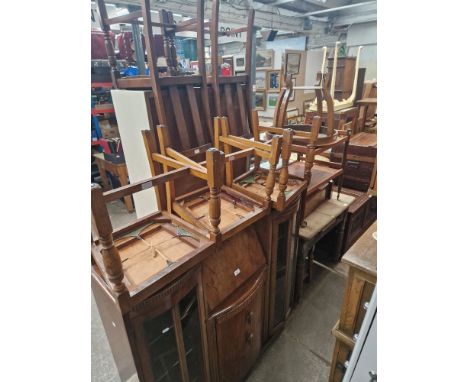 Various items of furniture; oak drop leaf table &amp; chairs, oak secretaire display cabinet, teak trolley, occasional table,