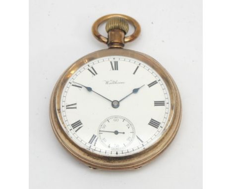 Waltham, a gold plated keyless wind open face pocket watch, working when catalogued, base cover worn