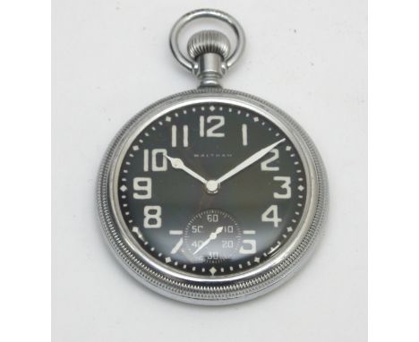 Waltham, a British Military black dial keyless wind open face pocket watch, 9 jewel Premier 16s adjusted, 3 position movement
