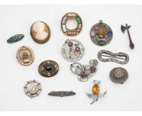 A Sterling Silver and agate Scottish axe brooch, a Victorian onyx and enamel brooch and other jewellery