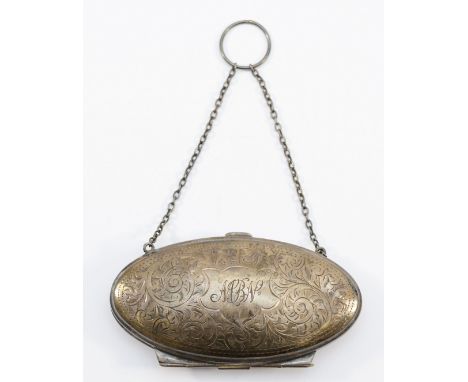A silver purse, with 'MBN' engraved to the front, Birmingham 1918, with fitted interior, 11x6cm, 65gm, having dents to the si