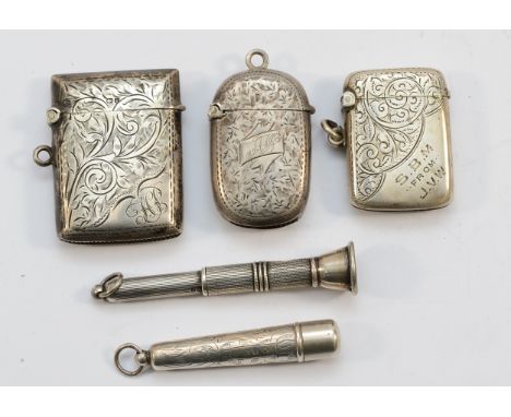 Three silver vesta cases, 1910, 1904, 1909, together with a silver cheroot case, Birmingham 1912, and a silver cigar piercer,