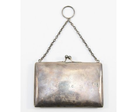 A silver purse, having engraved initials to the front, Chester 1908, with fitted interior, 11x9cm, 95gm, having slight dents 
