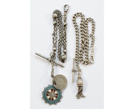 Two silver watch chains, including an enamel railway servants fob, 33cm and 28cm, 47g