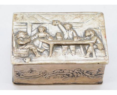 A German 800 standard silver snuff box, with a pub scene embossed to the front, 5x2cm, 49gm.