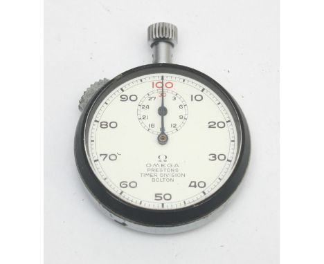 Omega, a keyless wind stop watch, slide to stop/start, press to reset, lacking bow, working when catalogued.