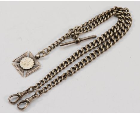 A 925 silver double Albert watch chain, 1907, with a silver fob, Birmingham 1908, 64g