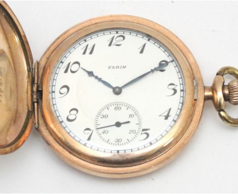 An Elgin gold plated keyless wind full hunter pocket watch, 17 jewel movement, engraved case, working when catalogued
