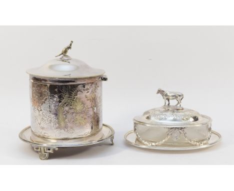 A Victorian electroplated oval butter dish, with cover, cow finial, probably original glass liner, 18cm, together with a Vict