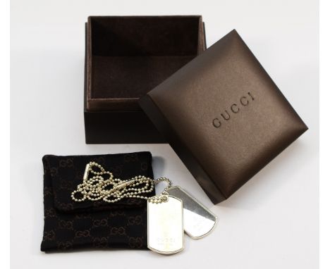 Gucci, a 925 silver double dog tag necklace, 50mm, with pouch and box, 54g