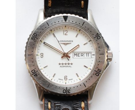Longines Admiral stainless steel day/date automatic gentleman's wristwatch, ref 7404, white dial, rotating bezel, serial numb
