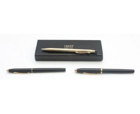 Cross, two matt black fountain pens and a Cross 12k gold filled propelling pencil case, apparently unused (3)